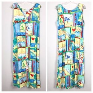 Vintage Jams World Sleeveless Beaches Scene Dress Colorful Spring Summer 90s